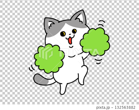 ポンポン持って応援してくれる猫ちゃん 132563882