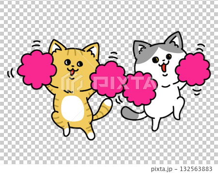 Cats cheering with pom-poms 132563883