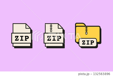 Set of retro style ZIP file and folder icons of compressed document and archive formats with zipper symbols and ZIP labels. Flat Style Vector Illustration Isolated on background. Set of retro style ZIP file and folder icons of compressed document and archive formats with zipper symbols and ZIP labels. Flat Style Vector Illustration Isolated on background. 132563896