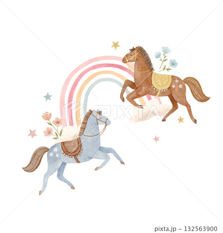 Cute watercolor horses and rainbow illustration. Pastel farm animals with flowers, clouds and stars perfect for baby nursery prints, kids decor, wall art and children's room design. Cute watercolor horses and rainbow illustration. Pastel farm animals with flowers, clouds and stars perfect for baby nursery prints, kids decor, wall art and children's room design. 132563900