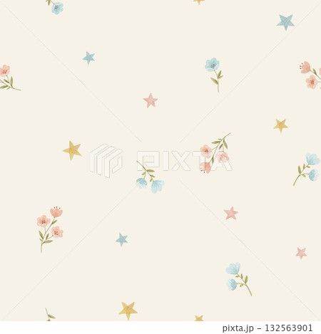 Beautiful seamless pattern with cute flowers and stars in baby style. Hand drawn print design background. Beautiful seamless pattern with cute flowers and stars in baby style. Hand drawn print design background. 132563901