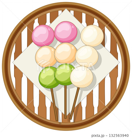 Colorful Dango Skewers on Bamboo Plate Top View 132563940