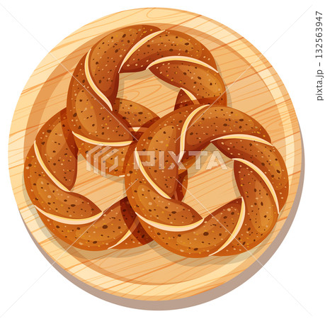 Three Twisted Bagels on Wooden Plate Top View 132563947