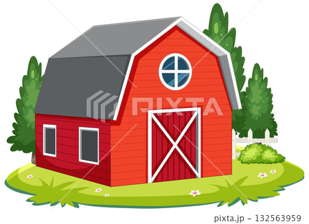 Red Barn with White Trim in Green Countryside 132563959
