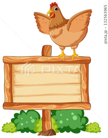 Cartoon Chicken Standing on Wooden Sign with Bushes Cartoon Chicken Standing on Wooden Sign with Bushes 132563965