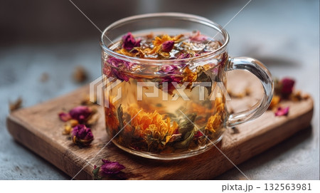 Herbal Tea Steeping in Cup with Visible Dried Petals Hot Beverage Natural Infusion Brewing Process 132563981