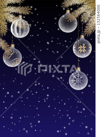 雪と透明感のあるクリスマスオーナメントの背景イラスト素材 ベクター 夜  132564000