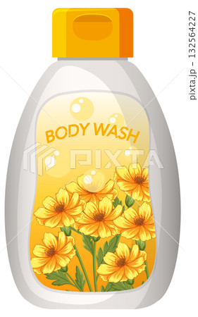 Floral Body Wash Bottle with Yellow Flowers and Bubbles Floral Body Wash Bottle with Yellow Flowers and Bubbles 132564227