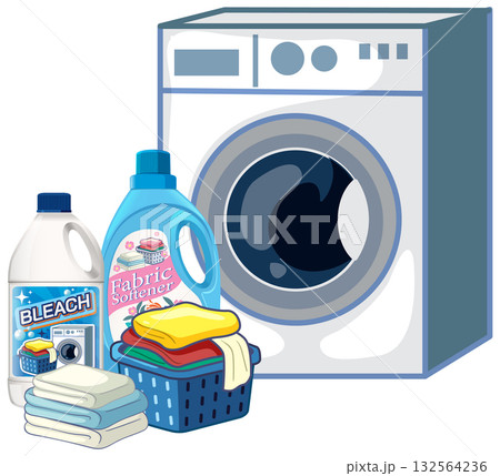 Washing Machine With Laundry Supplies and Clean Folded Towels Washing Machine With Laundry Supplies and Clean Folded Towels 132564236