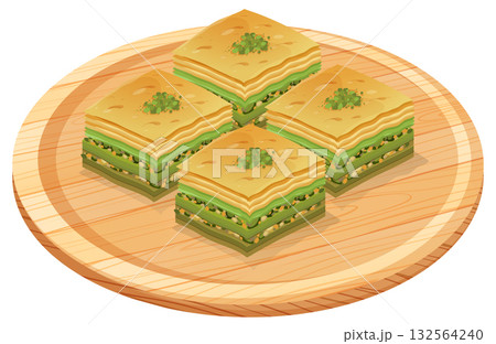 Four Pistachio Baklava Pieces on Wooden Plate 132564240