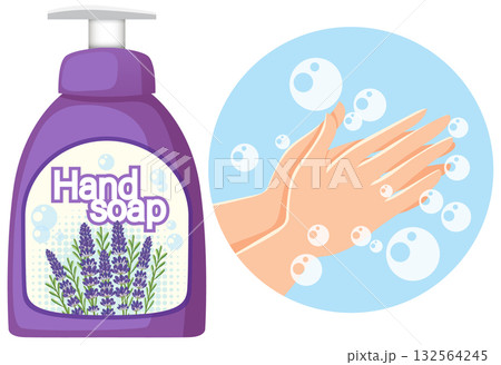 Lavender Hand Soap Bottle and Hands Washing with Bubbles Lavender Hand Soap Bottle and Hands Washing with Bubbles 132564245