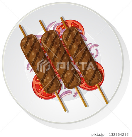 Grilled Turkish Kebab Skewers on Plate with Vegetables Grilled Turkish Kebab Skewers on Plate with Vegetables 132564255