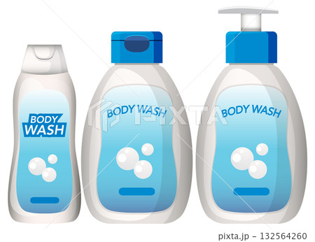 Three Body Wash Bottles with Blue Labels and Bubbles Three Body Wash Bottles with Blue Labels and Bubbles 132564260