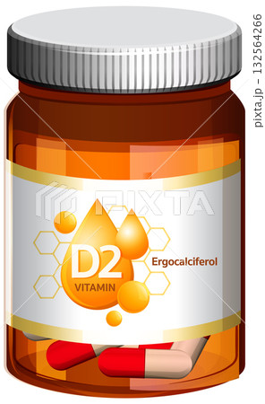 Vitamin D2 Supplement Bottle with Capsules and Modern Label 132564266