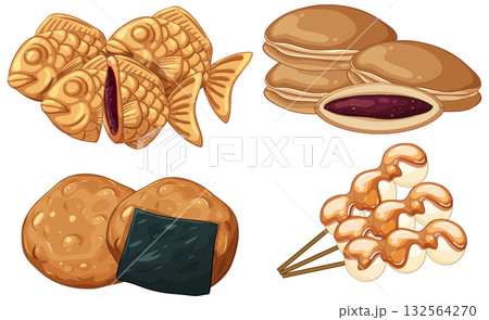 Traditional Japanese Sweets Assortment Vector Illustration 132564270