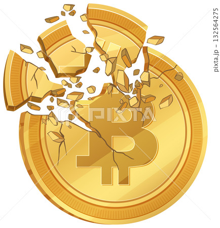 Shattered Bitcoin Coin in Vector Illustration Style 132564275