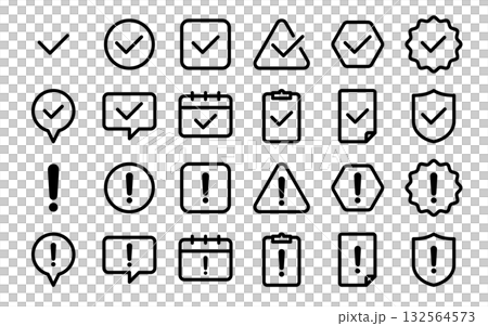 Exclamation mark and check icon set (attention, confirmation, warning mark) black and white, monochrome, line drawing 132564573