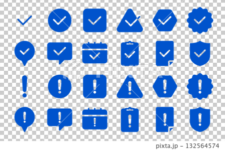 Exclamation mark and check icon set (attention, confirmation, warning mark) blue, color, silhouette Exclamation mark and check icon set (attention, confirmation, warning mark) blue, color, silhouette 132564574