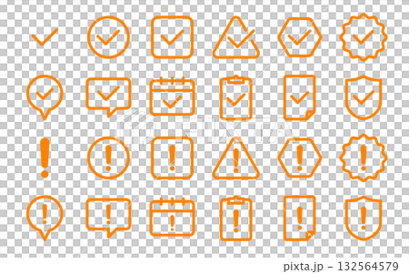 Exclamation mark and check icon set (attention, confirmation, warning mark) Orange color line drawing Exclamation mark and check icon set (attention, confirmation, warning mark) Orange color line drawing 132564579