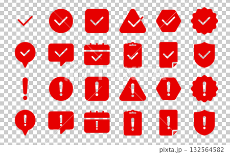 Exclamation mark and check icon set (attention, confirmation, warning mark) red, color, silhouette 132564582
