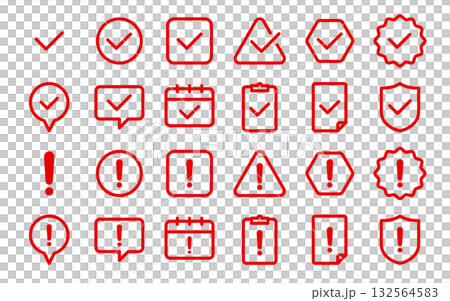 Exclamation mark and check icon set (attention, confirmation, warning mark) red, color, line drawing Exclamation mark and check icon set (attention, confirmation, warning mark) red, color, line drawing 132564583