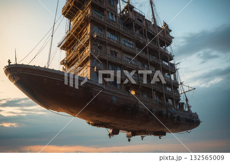 スチームパンク風の風景(飛行船) 132565009