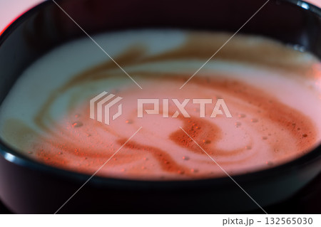 Close-up Latte Coffee With Swirled Milk Foam Art Close-up Latte Coffee With Swirled Milk Foam Art 132565030