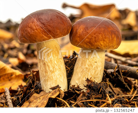 Two Brown Capped Mushrooms on Moist Forest Floor Two Brown Capped Mushrooms on Moist Forest Floor 132565247