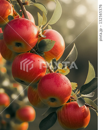 Juicy Apples with Dewdrops in the Sunlight. 132565376