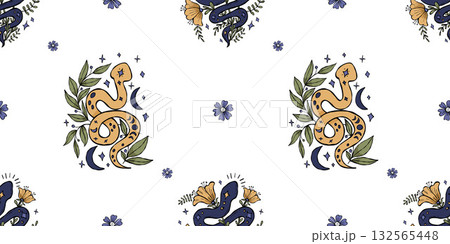 Seamless Pattern with Mystical Snakes, Moon and Flowers on White Background. Repeating Textured Hand Drawing Doodle. Vector horizontal illustration. Not AI Seamless Pattern with Mystical Snakes, Moon and Flowers on White Background. Repeating Textured Hand Drawing Doodle. Vector horizontal illustration. Not AI 132565448