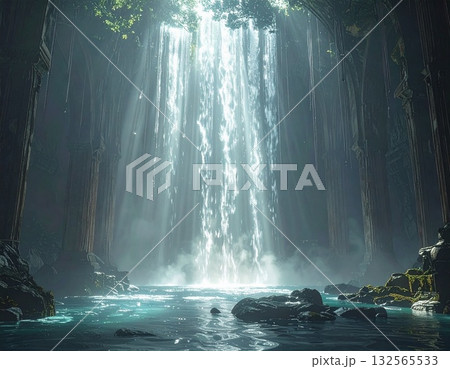 古い神殿の天井に穴が開いて綺麗な水が落ちる神秘的な風景　ai生成画像 132565533