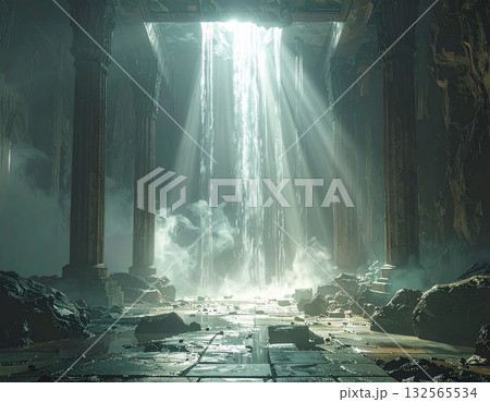 廃墟の古い神殿の天井に穴が開き水が落ちる神秘的な風景　ai生成画像 132565534
