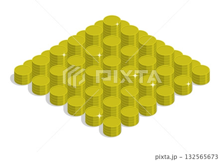 Isometric financial pyramid scheme built from gold coins, promising easy money. Isolated cartoon vector on white background top view Isometric financial pyramid scheme built from gold coins, promising easy money. Isolated cartoon vector on white background top view 132565673