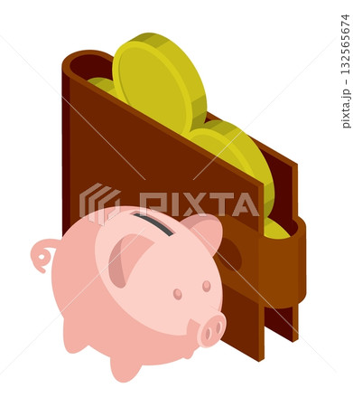 Isometric purse filled with gold coins next to a piggy bank. Isolated cartoon vector on white background top view Isometric purse filled with gold coins next to a piggy bank. Isolated cartoon vector on white background top view 132565674
