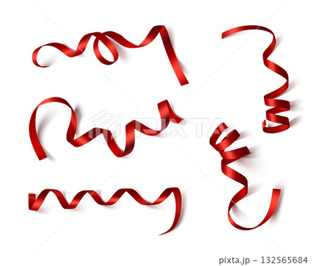 Curly red silk ribbons set isolated on white Curly red silk ribbons set isolated on white 132565684