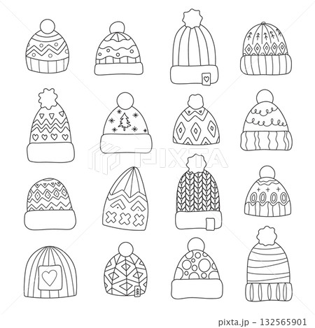 Winter hats outline vector set with cozy knitted beanies, hand drawn line art for Christmas coloring pages, crafts and holiday design Winter hats outline vector set with cozy knitted beanies, hand drawn line art for Christmas coloring pages, crafts and holiday design 132565901