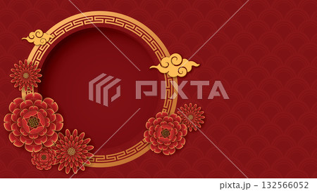 Chinese new year blank 3D circle frame with clouds and flowers oriental style on red background. 132566052