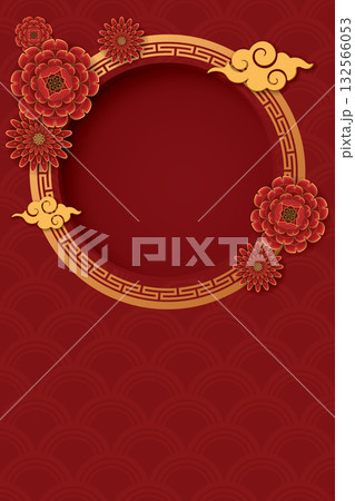Blank 3D circle frame with clouds and flowers oriental style on red vertical background. 132566053
