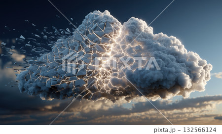 Cloud computing concept broken in dark sky, chaos and disruption, digital technology crisis, dramatic atmosphere 132566124