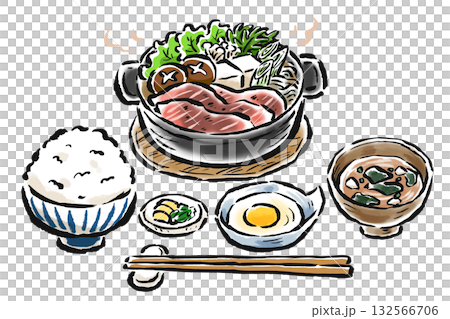 Sukiyaki set meal - brush-touch hand-drawn illustration 132566706