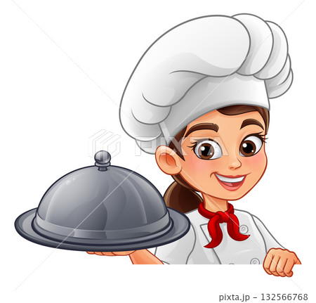 Woman Chef Female Holding Food Tray with Cloche Woman Chef Female Holding Food Tray with Cloche 132566768