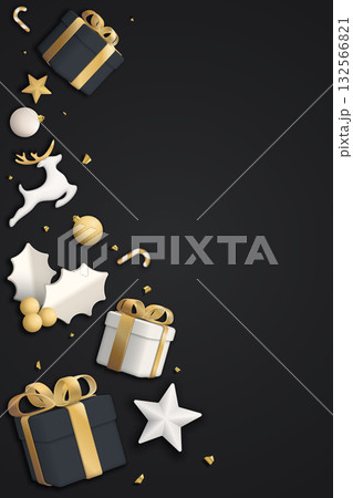 3D gold and white Christmas ornaments with confetti on black vertical background have blank space. 3D gold and white Christmas ornaments with confetti on black vertical background have blank space. 132566821