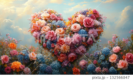 A romantic heart-shaped floral arrangement made roses and blossoms in dreamy field, pastel-colored background. Ideal for weddings, love or spring themes. A romantic heart-shaped floral arrangement made roses and blossoms in dreamy field, pastel-colored background. Ideal for weddings, love or spring themes. 132566847