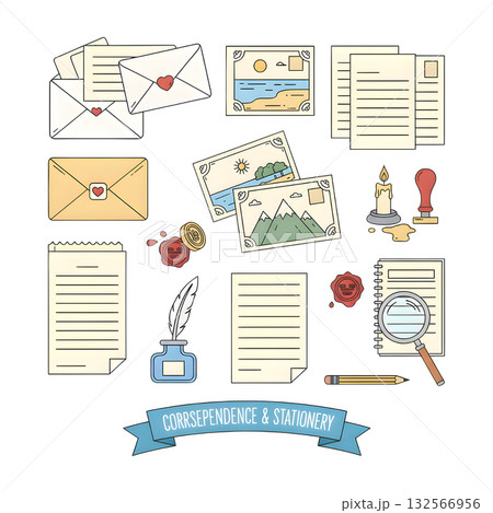 Set of various craft paper letters, stationery, sealing wax and handmade cards. illustration design Set of various craft paper letters, stationery, sealing wax and handmade cards. illustration design 132566956