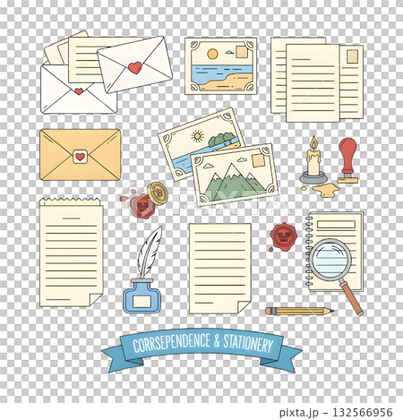 Set of various craft paper letters, stationery, sealing wax and handmade cards. illustration design Set of various craft paper letters, stationery, sealing wax and handmade cards. illustration design 132566956