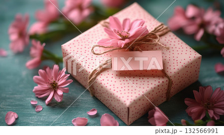 Elegant pink gift box with ribbon and rose decor surrounded by petals on a teal background. Great for birthdays 132566991