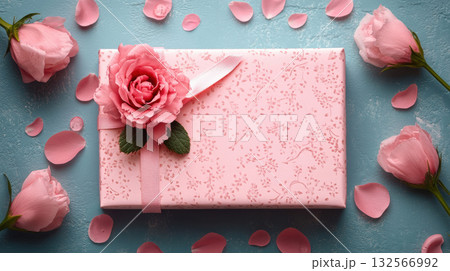Elegant pink gift box with ribbon and rose decor surrounded by petals on a teal background. Great for birthdays 132566992