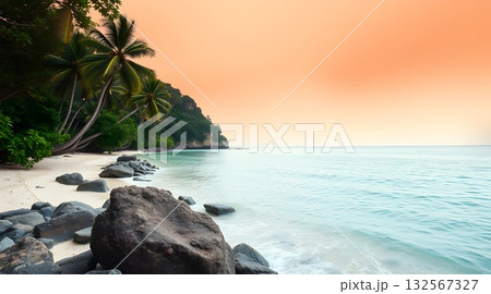 A beautiful beach sunset over the sea, with the sun's reflection on the ocean waves and sandy shore. 132567327