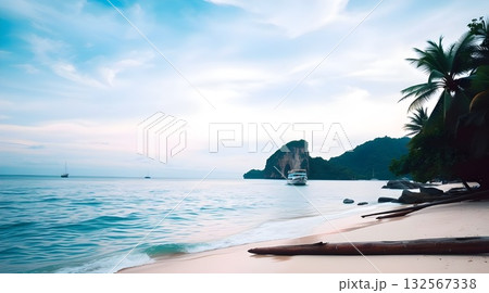 A beautiful beach sunset over the sea, with the sun's reflection on the ocean waves and sandy shore. 132567338