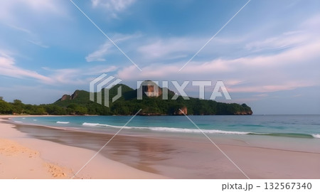 A beautiful beach sunset over the sea, with the sun's reflection on the ocean waves and sandy shore. 132567340